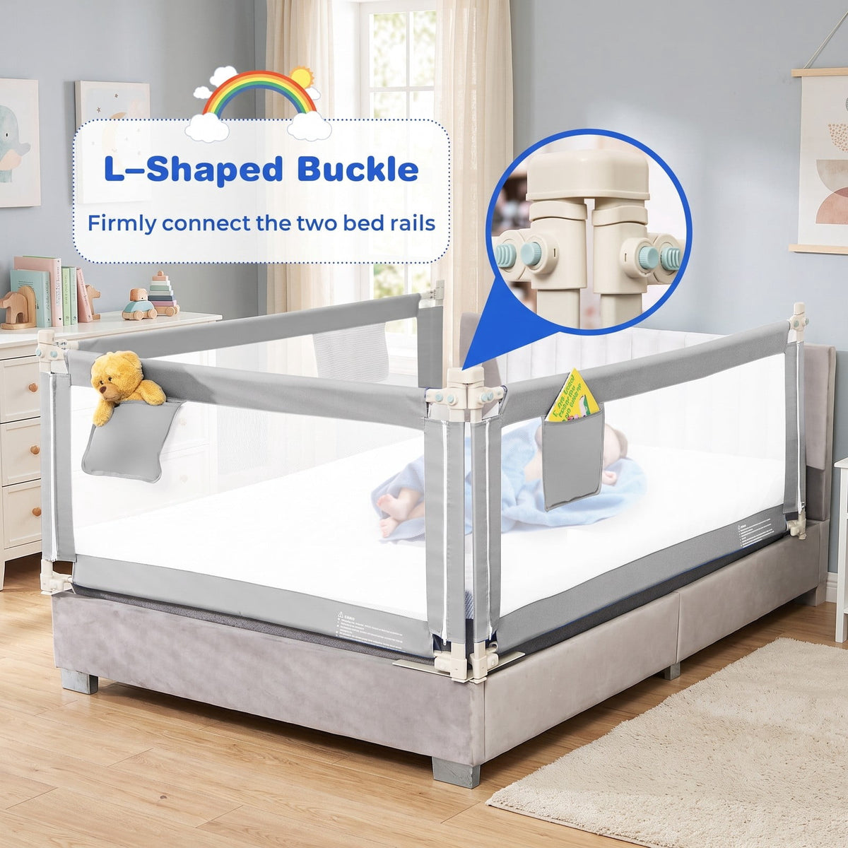 Airfind 57 Inch Toddlers Vertical Lifting Baby Bed Rail Guard with Lock, Steel oxford fabric Frame, 57 x 10 x 40 Footprint, Grey