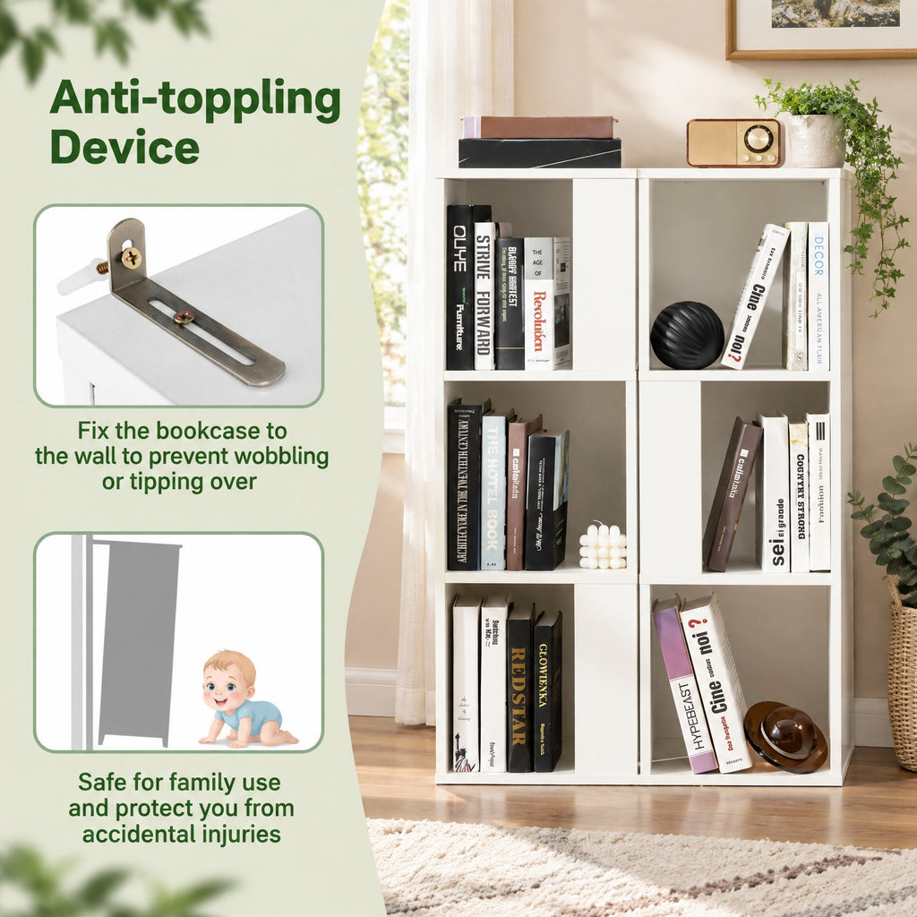 Airfind 3-Tier 6 Cube Freestanding Bookcase with Anti-toppling Device, 44 lbs Capacity, Engineered wood Frame, 13 x 13 x 39.5 Footprint, White