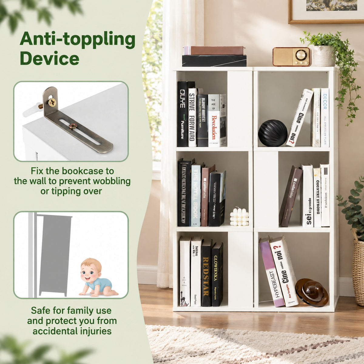Airfind 3-Tier 6 Cube Freestanding Bookcase with Anti-toppling Device, 44 lbs Capacity, Engineered wood Frame, 13 x 13 x 39.5 Footprint, White