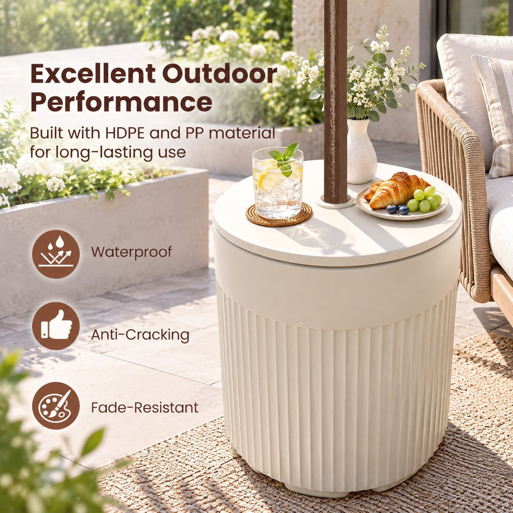 Airfind 3-in-1 Outdoor HDPE Umbrella Base, Cooler and Side Table with Water Bag and 2 Umbrella Hole for Patio, 15 x 15 x 17, White