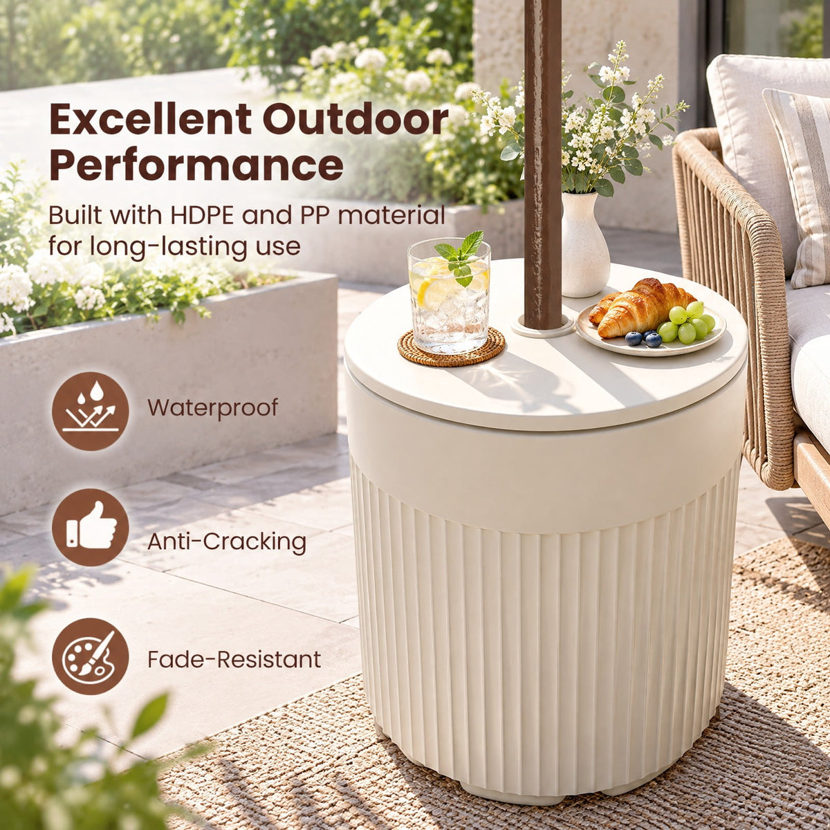 Airfind 3-in-1 Outdoor HDPE Umbrella Base, Cooler and Side Table with Water Bag and 2 Umbrella Hole for Patio, 15 x 15 x 17, White