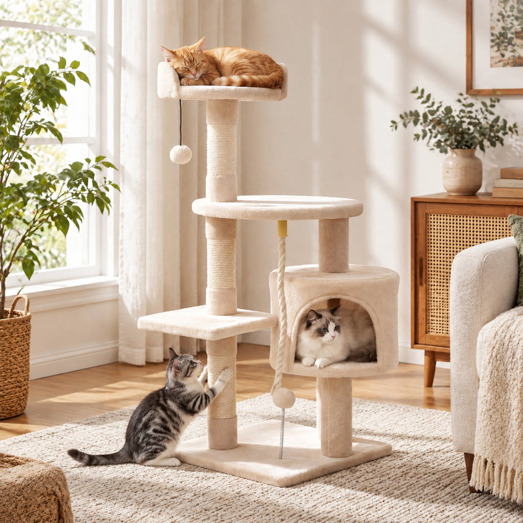 Airfind 36 Inch Tall Kitten Tower with Condo and Plush Perch, 22 Lbs Capacity, Engineered Wood Sponge Plush Fabric Sisal Base, Beige