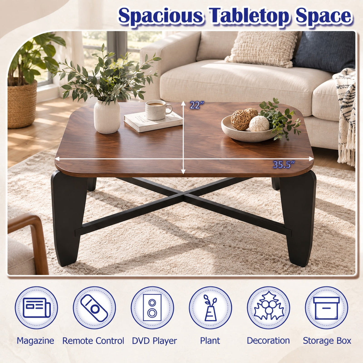 Airfind Modern Coffee Table with Rubber Wood Cross-Leg Base Rectangular Center Table, Walnut, Dimensions 35.5 x 22 x 15Ground Clear