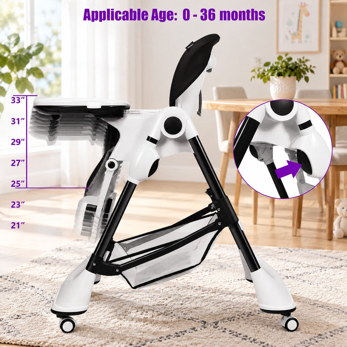 Airfind A-Shaped High Chair with 4 Lockable Wheels, 50 lbs Capacity, Iron Frame, for 0-36 months, 22 x 26 x 32 Footprint, Black