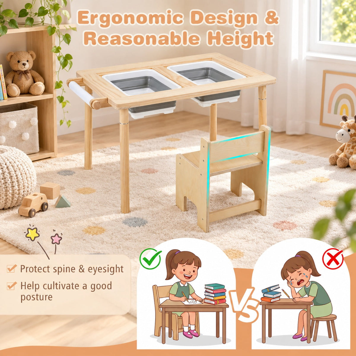 Airfind Kids Sensory Table Set with Adjustable Height and 2 Storage Bins, 165 lbs Capacity, Pine Wood Plywood Engineered Wood Frame, Natural