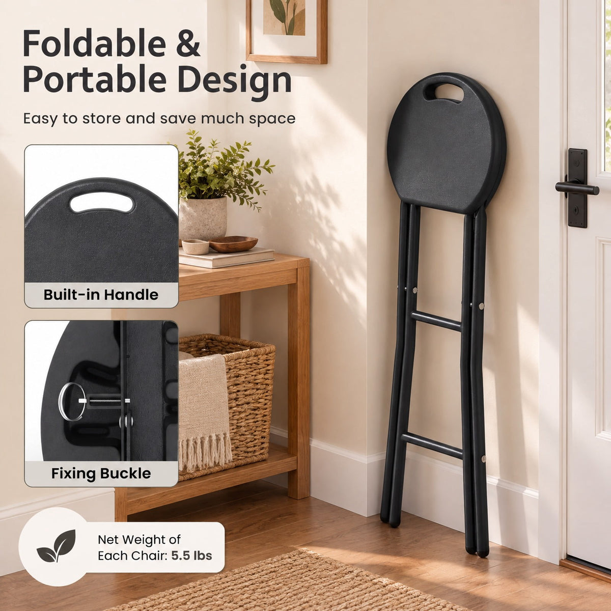 Airfind Set of 2 Folding Bar Stool 27.5in with HDPE Seat and Carry Handle for Kitchen Bar, 330 lbs Capacity, Metal HDPE Frame, Black