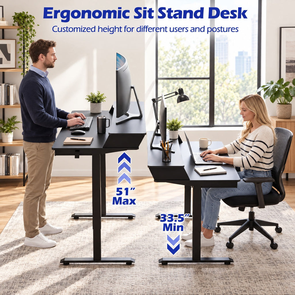 Airfind 55 Inch x 27 Inch Electric Standing Desk with Drawers, Engineered Wood Metal Fabric Frame, 55 Inch x 27 Inch x 33.5 Inch -51 Inch Footprint, Black