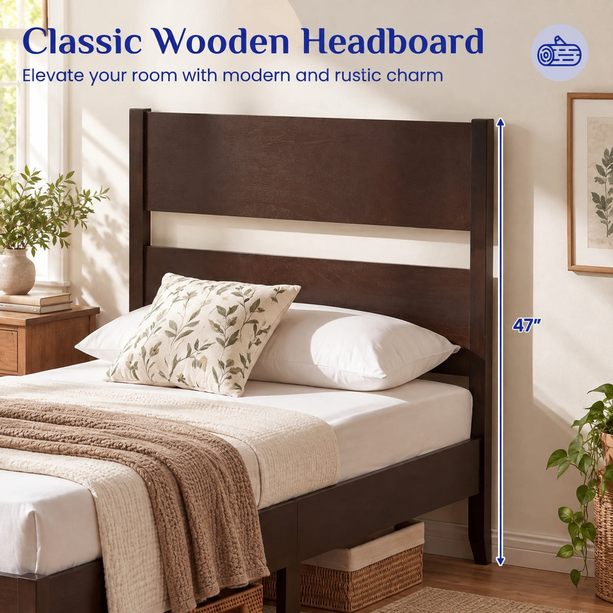 Airfind Twin Bed Frame with Headboard with Solid Wood Legs 12 Slats-Rustic Brown, 550 lbs Capacity, Rubber Wood Engineered Wood LVL Frame, Wood