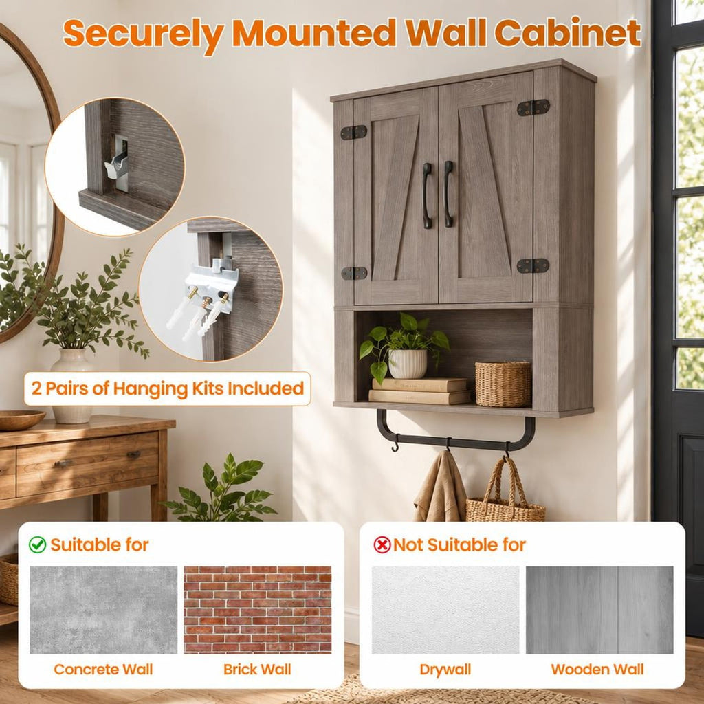 Airfind Bathroom Wall Cabinet with 2 Barn Doors and Towel Bar and 3-Tier Wooden Storage, 11 lbs Capacity, Engineered Wood MDF Metal Frame, Gray