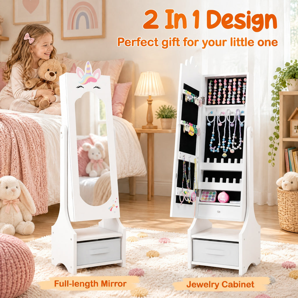 Airfind Kids Jewelry Cabinet with Full-Length Mirror for Kids Bedroom and Playroom, MDF Frame, 12.5 Inch x 12 Inch x 45.5 Inch Footprint, White