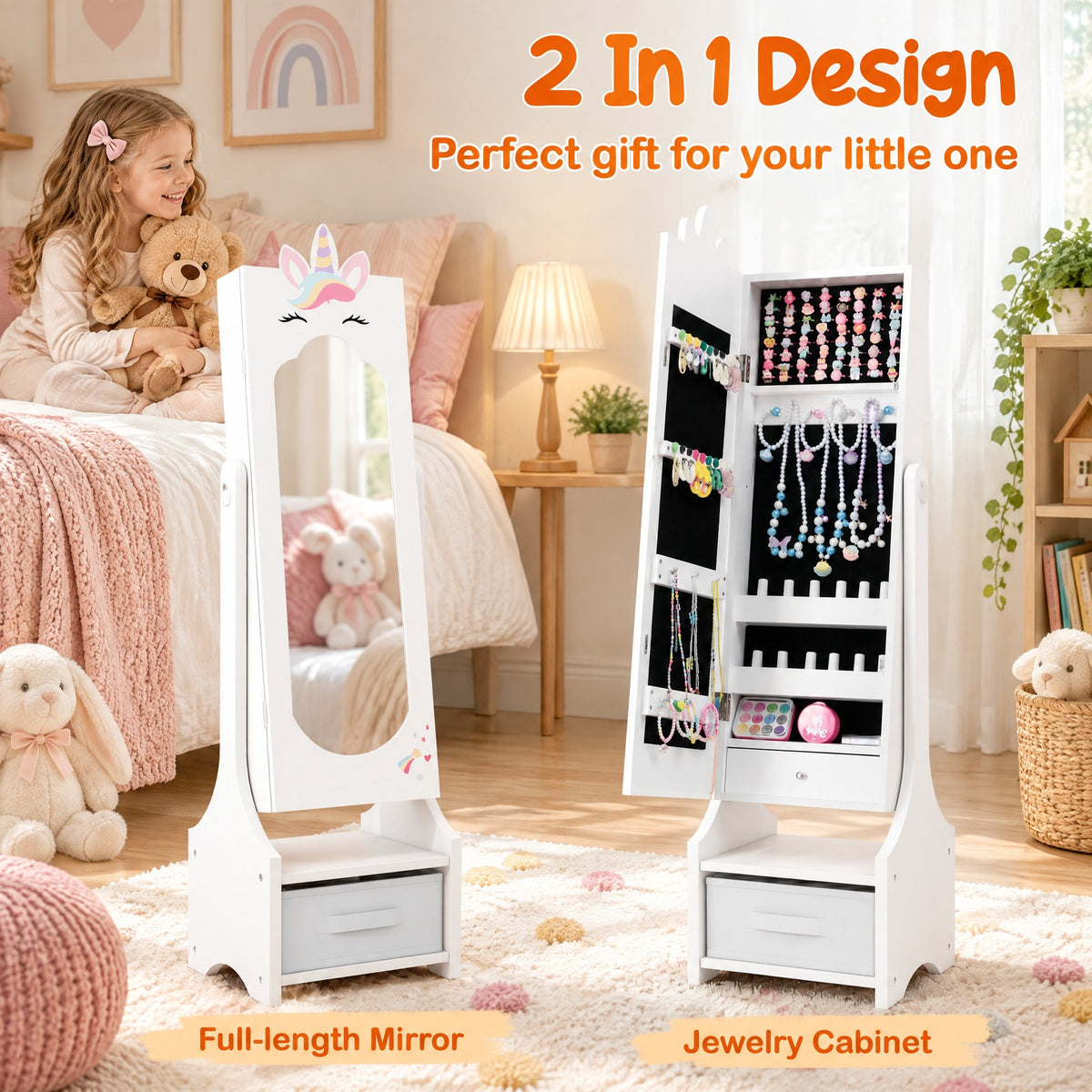 Airfind Kids Jewelry Cabinet with Full-Length Mirror for Kids Bedroom and Playroom, MDF Frame, 12.5 Inch x 12 Inch x 45.5 Inch Footprint, White