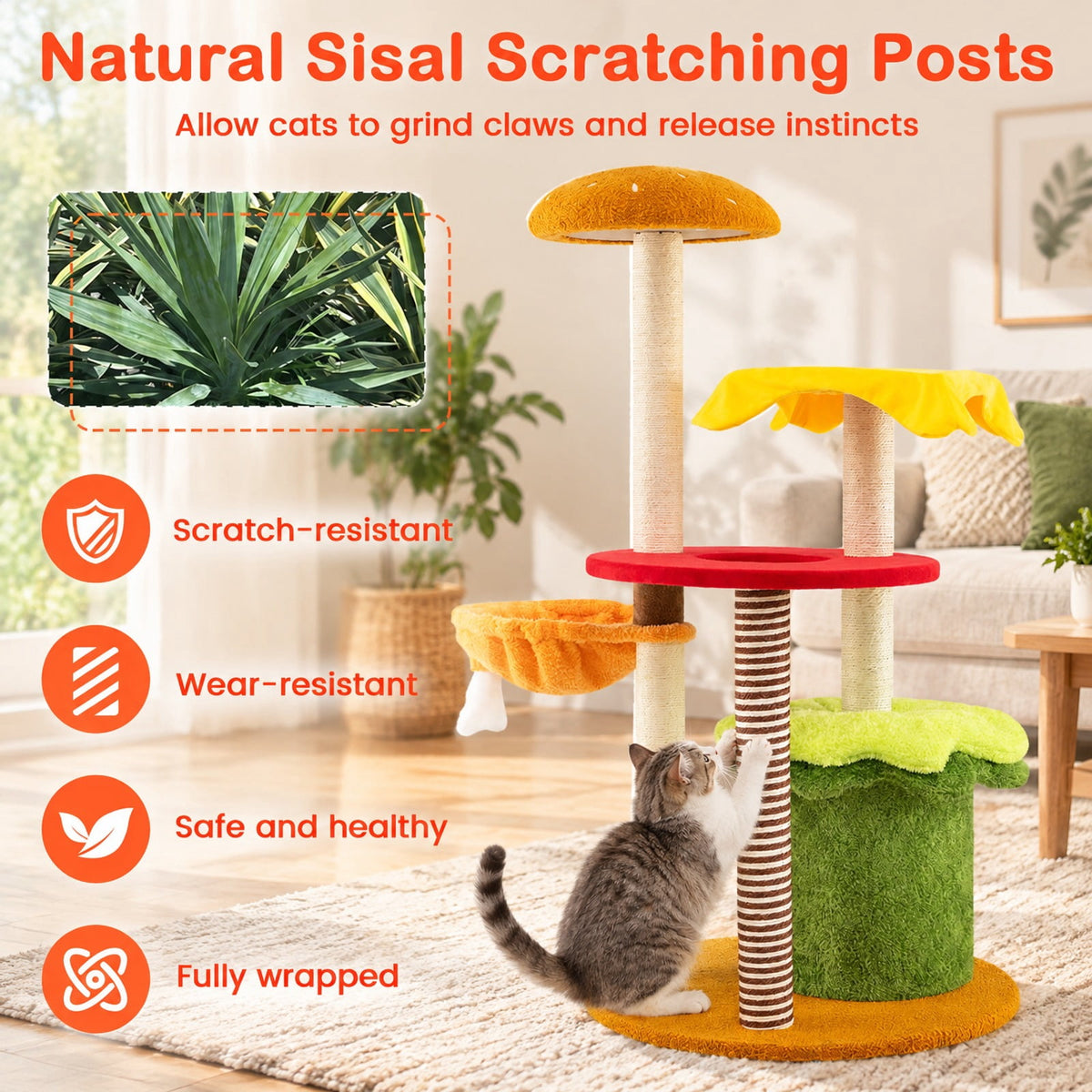 Airfind 46 Inch Tall Cat Tree Multi-Level with Padded Perch and Hanging Basket Bed, 22 lbs Capacity, 24 Inch x 46 Inch (Dia. x H) Condo Footprint, Yellow