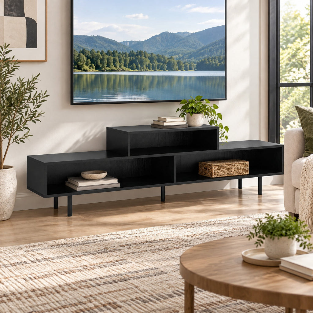 Airfind 3 Cubby TV Stand for TVs up to 70 Inch Entertainment Center with Open Storage Compartments, 155 lbs Capacity, 63 Inch x 12 Inch x 18 Inch Footprint