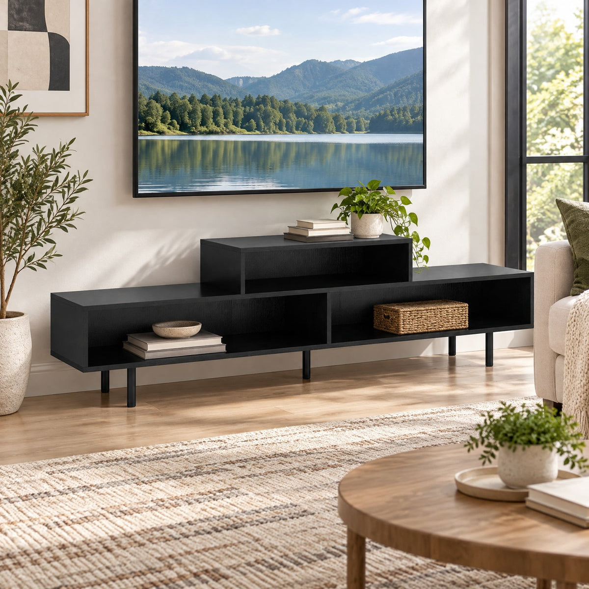 Airfind 3 Cubby TV Stand for TVs up to 70 Inch Entertainment Center with Open Storage Compartments, 155 lbs Capacity, 63 Inch x 12 Inch x 18 Inch Footprint