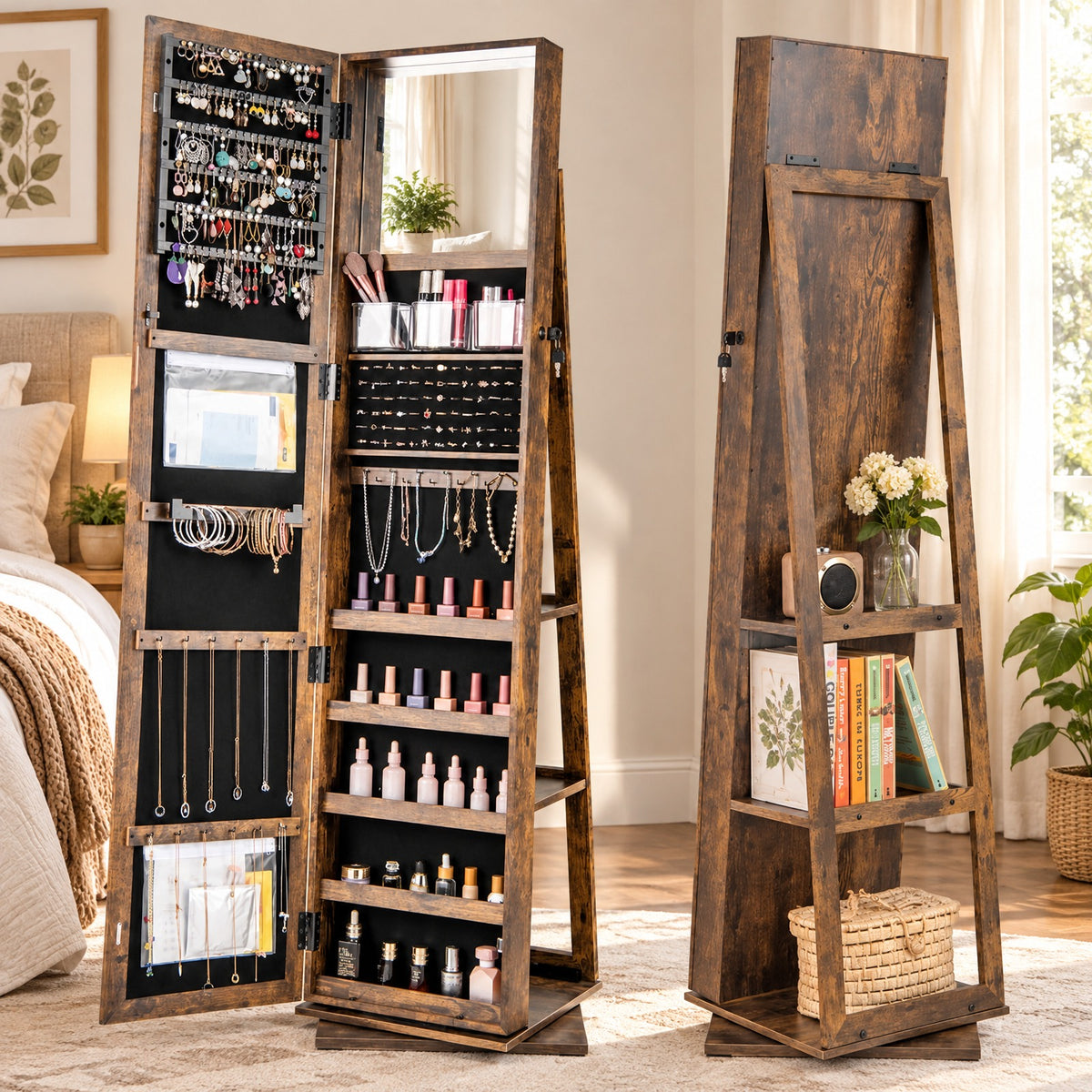 Airfind 360° Swivel Jewelry Armoire Standing Jewelry Organizer with Full Length Mirror and Back Shelves, MDF Glass Frame, Brown
