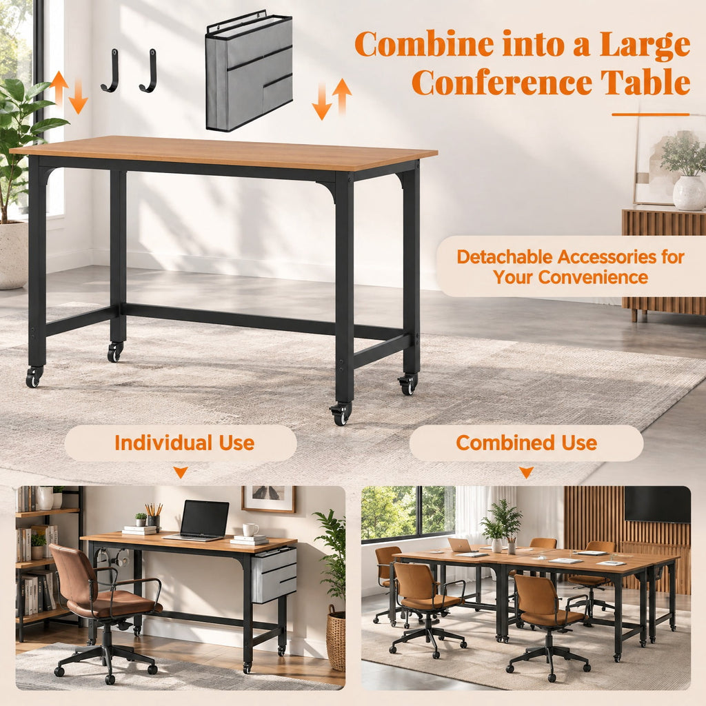 Airfind 48 Inch Rolling Computer Desk with Heavy-duty Metal Frame for Home and Office, 220 lbs Capacity, Engineered Wood Metal Frame, Natural