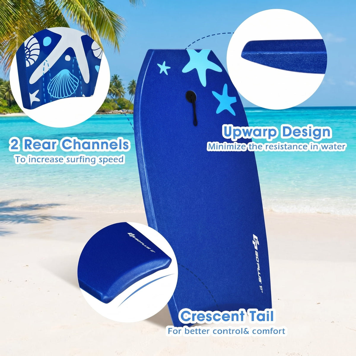 Airfind 33 Inch Portable Travel Bodyboard for Kids ¡ª XPE Deck, EPS Core, HDPE Slick Bottom, Crescent Tail, Wrist Leash (Blue)