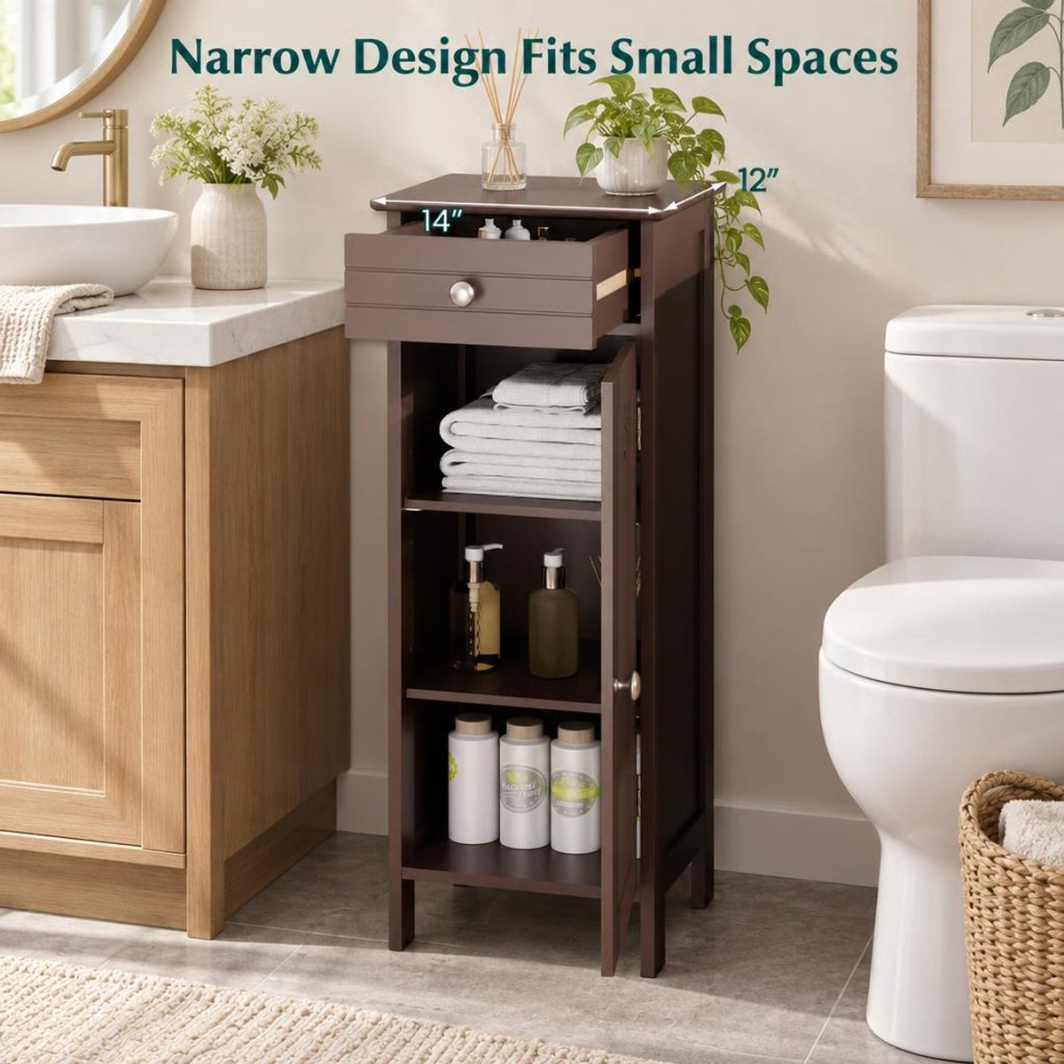 Airfind Wooden Storage Free-Standing Floor Cabinet with Drawer and Shelf, 132 lbs Capacity, MDF Frame, 14in x 12in x 34.5in Footprint, Brown