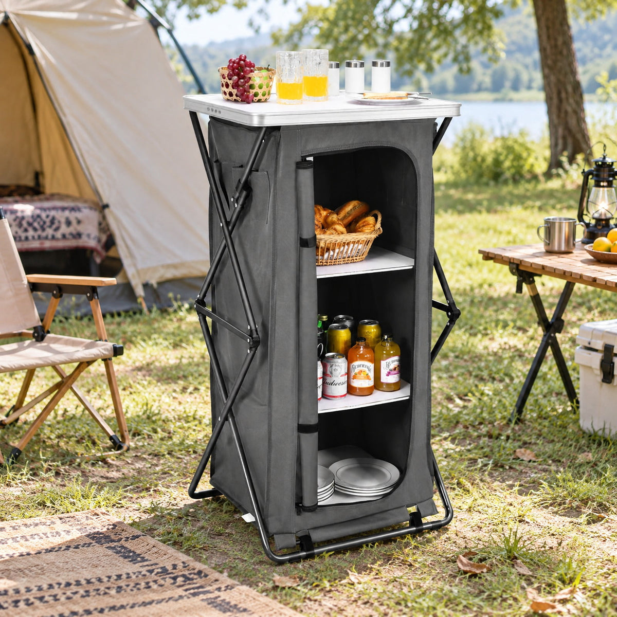 Airfind Folding Camping Storage Cabinet with 3 Shelves and Carry Bag, 33 lbs Weight capacity of each shelf: 11 lbs L: Capacity, Gray