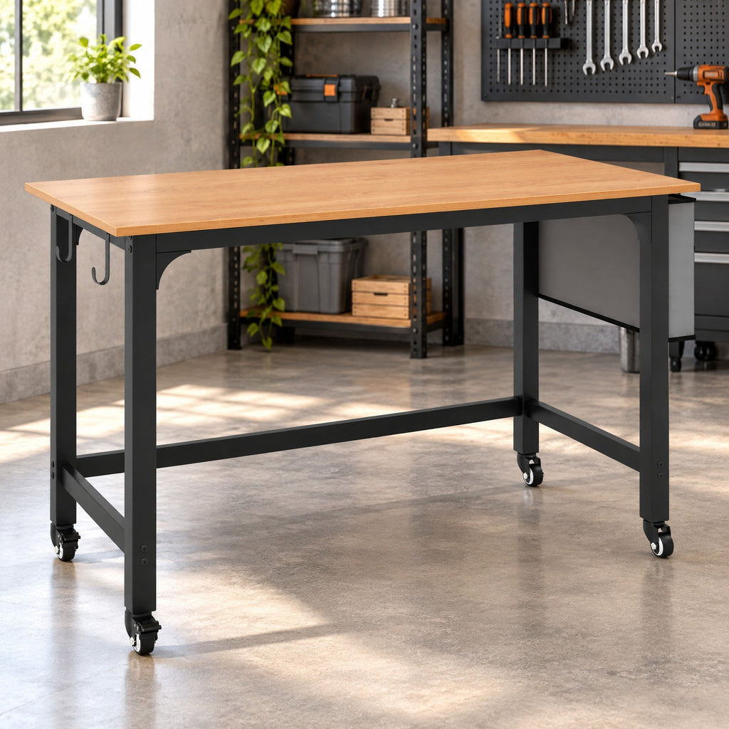 Airfind 48 Inch Rolling Computer Desk with Heavy-duty Metal Frame for Home and Office, 220 lbs Capacity, Engineered Wood Metal Frame, Natural