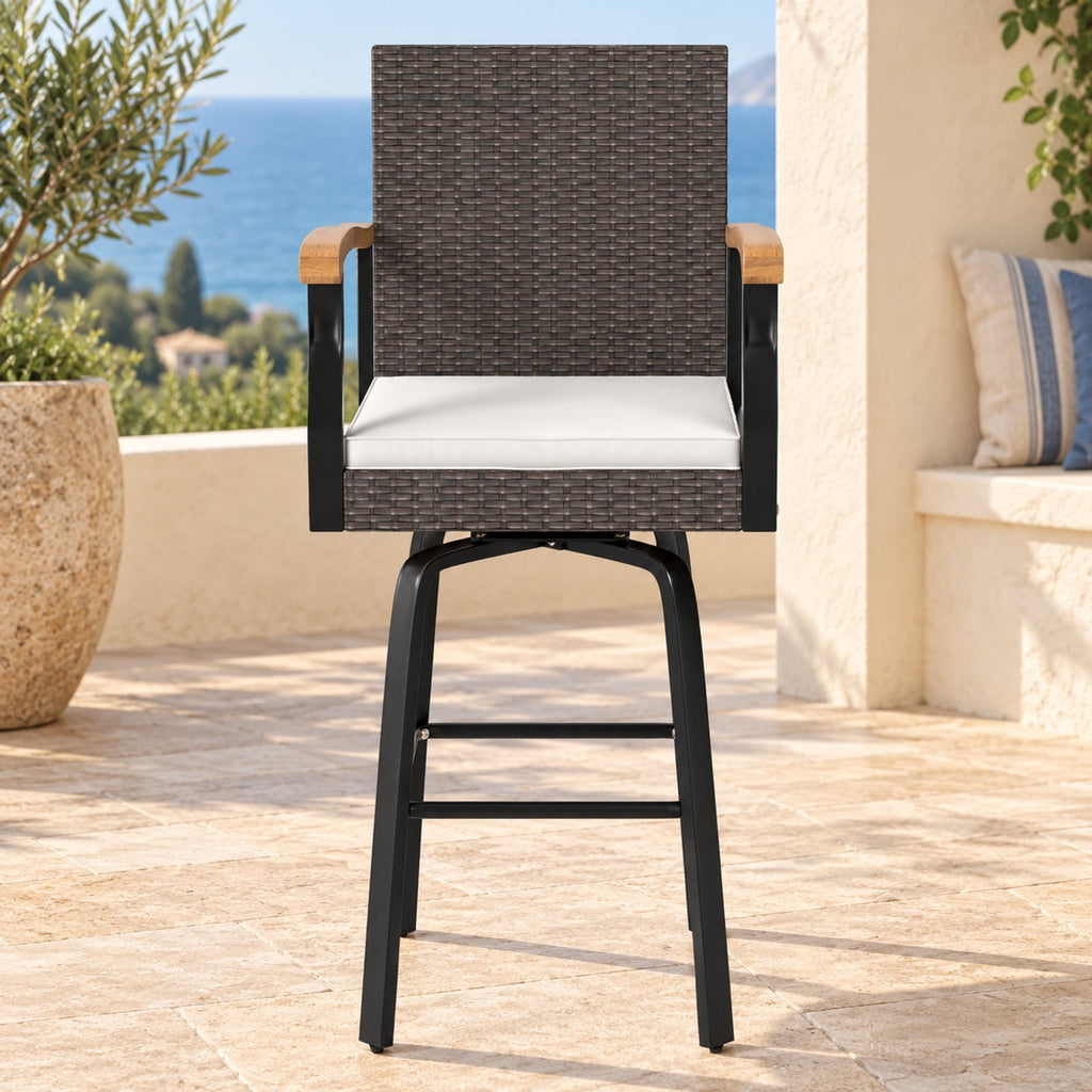Airfind Set of 4 Outdoor 360° Swivel Bar Stool with Cushion and Acacia Wood Armrests, 400 lbs Capacity, Wood