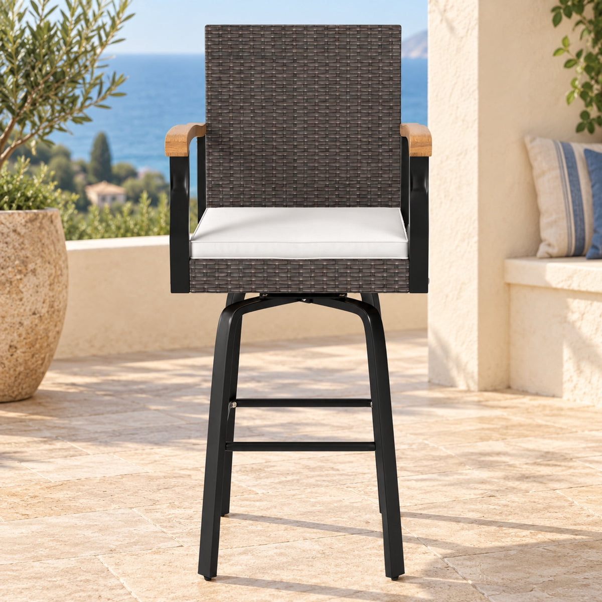 Airfind Set of 4 Outdoor 360° Swivel Bar Stool with Cushion and Acacia Wood Armrests, 400 lbs Capacity, Wood