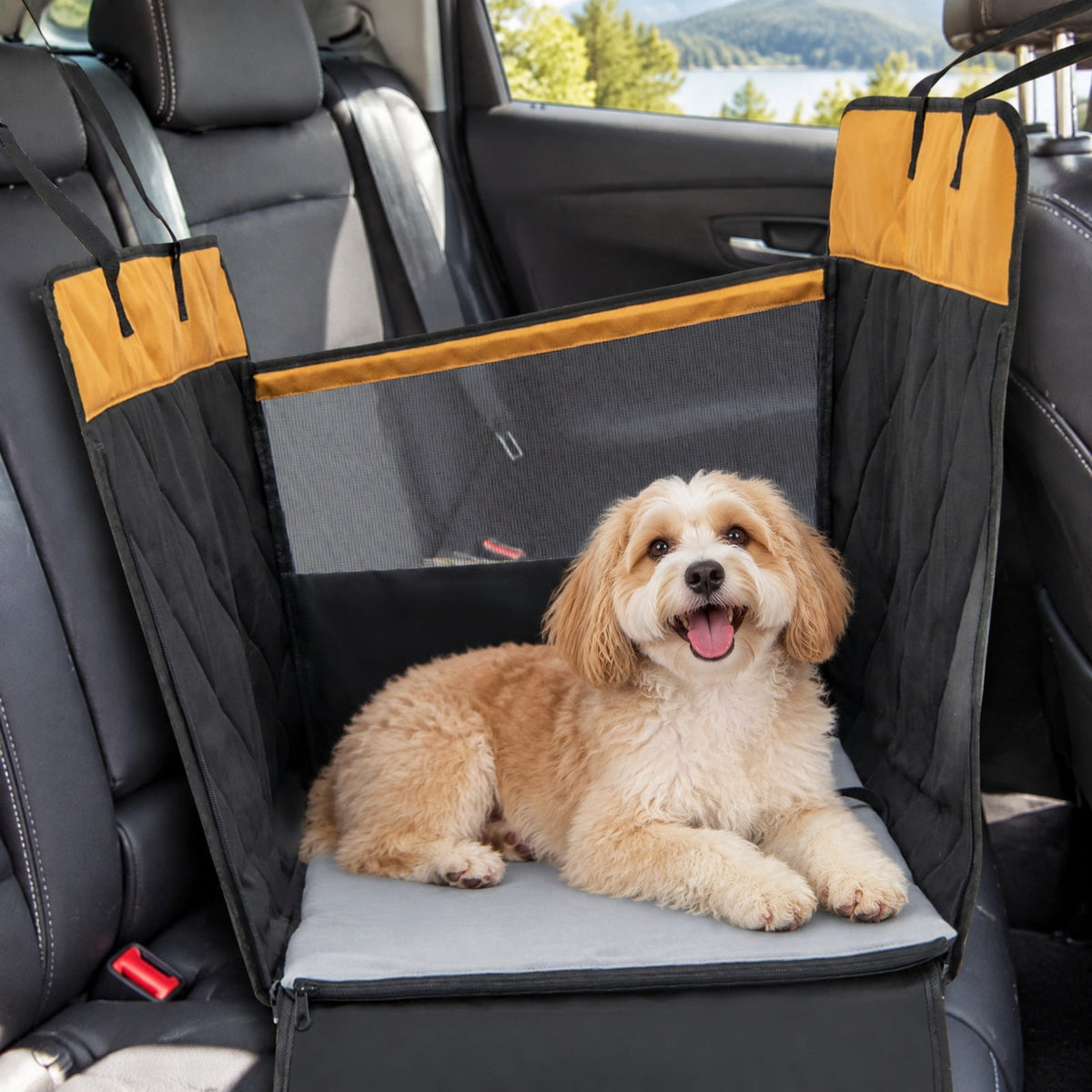 Airfind Dog Car Seat Cover with Mesh Window for Small and Medium Dogs, 600D Oxford Fabric Sponge PVC 210D Oxford Fabric Frame, Black