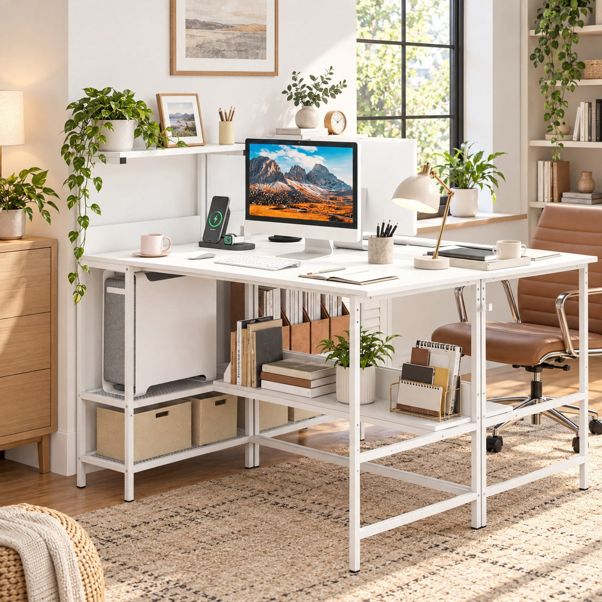 Airfind 48 Inch Computer Desk with Power Outlets and Storage Shelves, 88 lbs Capacity, Engineered Wood Metal Frame, 48 Inch x 23 Inch x 43.5 Inch Footprint