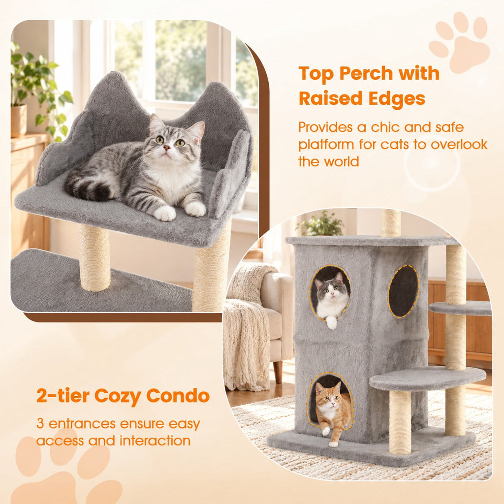 Airfind 48.5 inch Cat Tree with 2-story Condo and 3 Hideaway Caves for Large Cats, Engineered Wood Sisal MDF Plush Fabric Frame, Gray