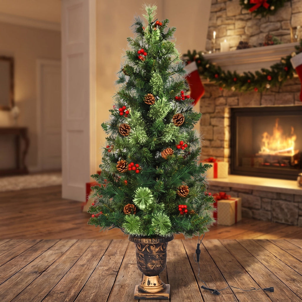 Airfind LED Christmas Tree with Red Berries Pine Cones-3, PVC Metal Cement Tree Height 3 ft 4 ft 5 ft Tree Width 15 22 26 Frame, Red