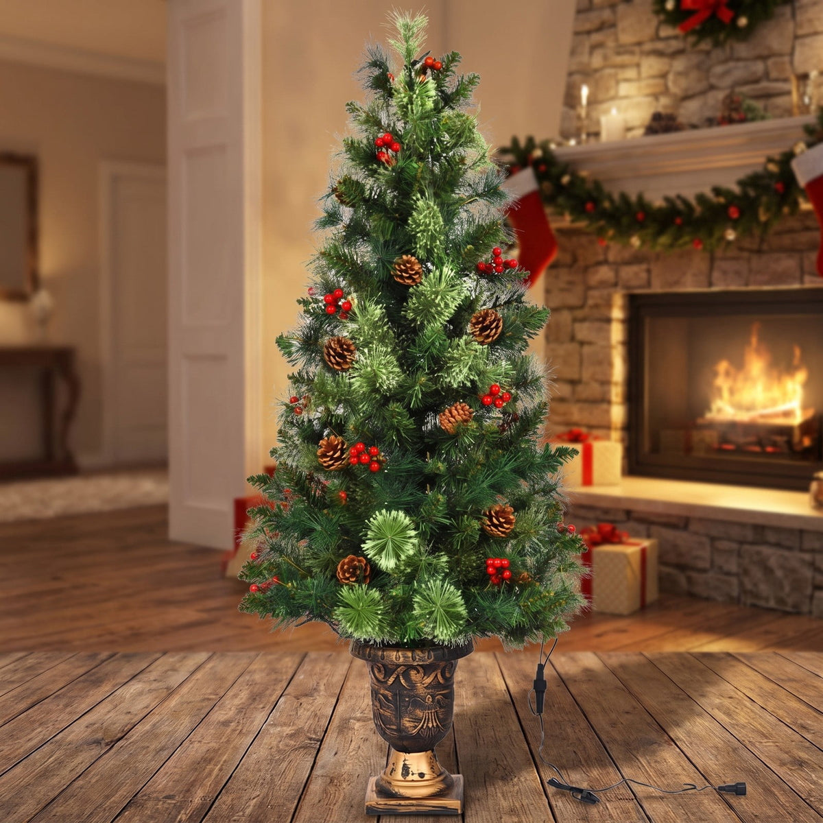 Airfind LED Christmas Tree with Red Berries Pine Cones-3, PVC Metal Cement Tree Height 3 ft 4 ft 5 ft Tree Width 15 22 26 Frame, Red