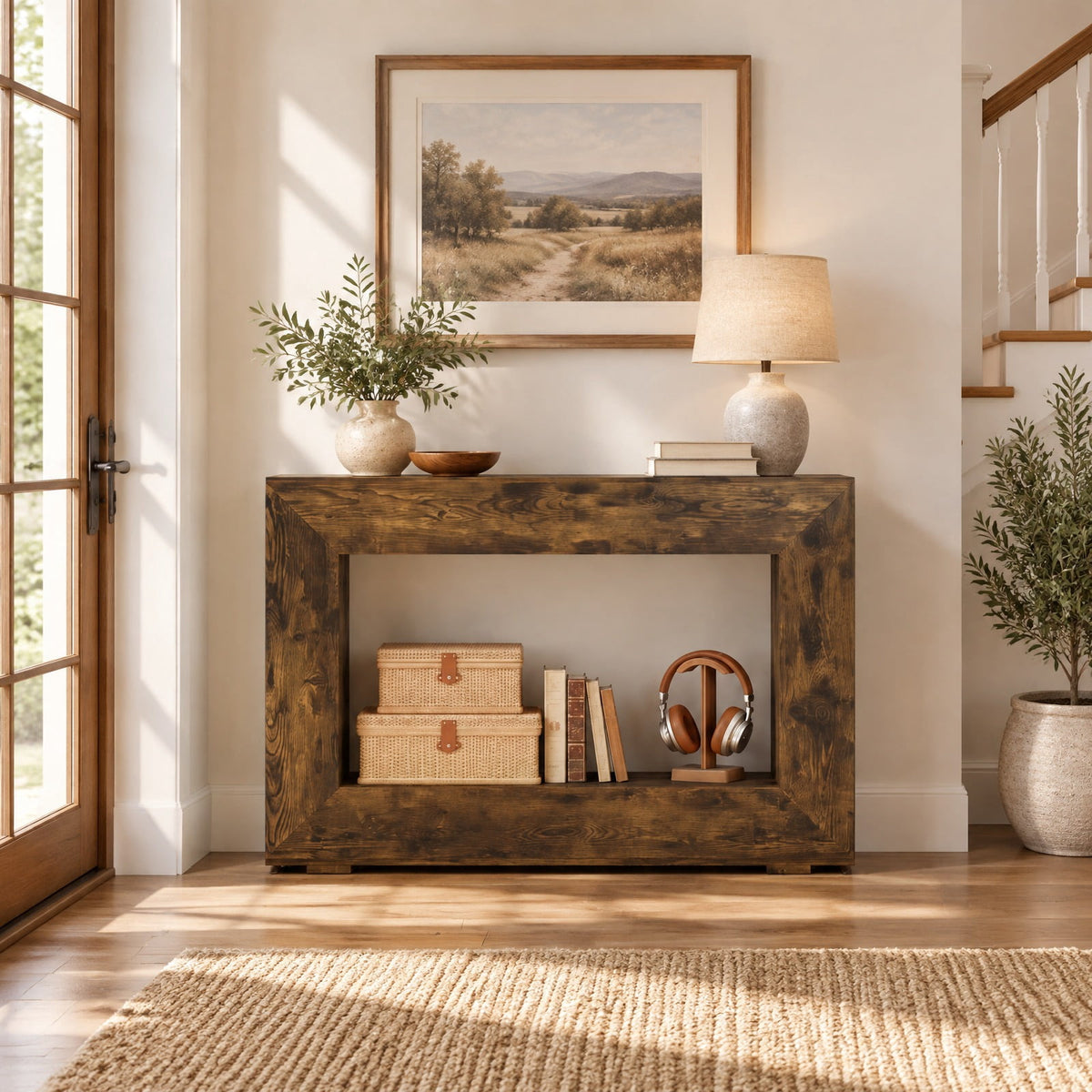 Airfind 47 Inch 2-Tier Farmhouse Console Table with Open Storage Shelf for Living Room, 47 Inch x 12 Inch x 33 Inch Middle Footprint, Brown