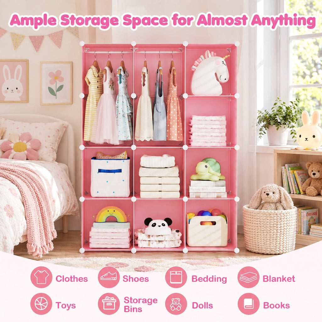 Airfind Modular Baby Wardrobe with 10 Cubes Hanging Rod and Shelves Stackable, 6.5 lbs Capacity, PP Frame, 43 x 14 x 57 Footprint, Pink