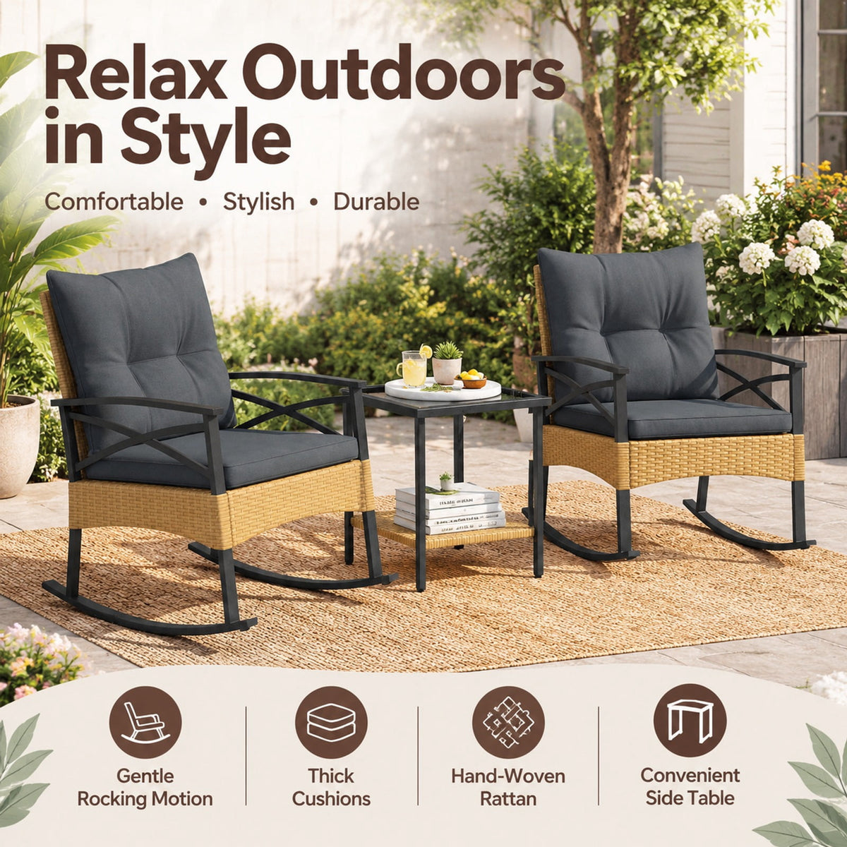 Airfind 3 Pieces Outdoor Rattan Rocking Chairs Set with 2-Tier Side Table for Garden Backyard, Table 100 lbs Capacity, 18 x 18 x 18.5 Footprint