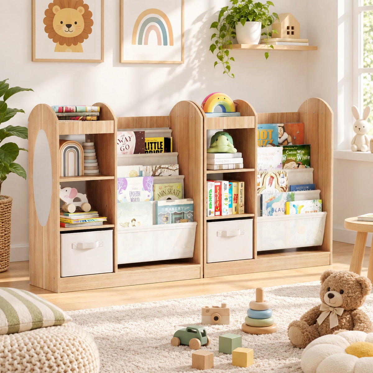 Airfind Toy Storage Organizer with 4-Tier Sling Shelves, 22 lbs Capacity, MDF Pine Wood Fabric Frame for Everyday Use, Natural