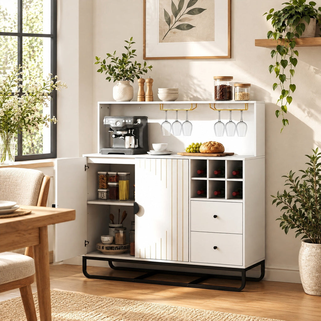 Airfind Home Bar Cabinet with Wine Rack Glass Holder and Adjustable Shelf, 47 Inch x 16 Inch x 48.5 Inch Inner Footprint, White