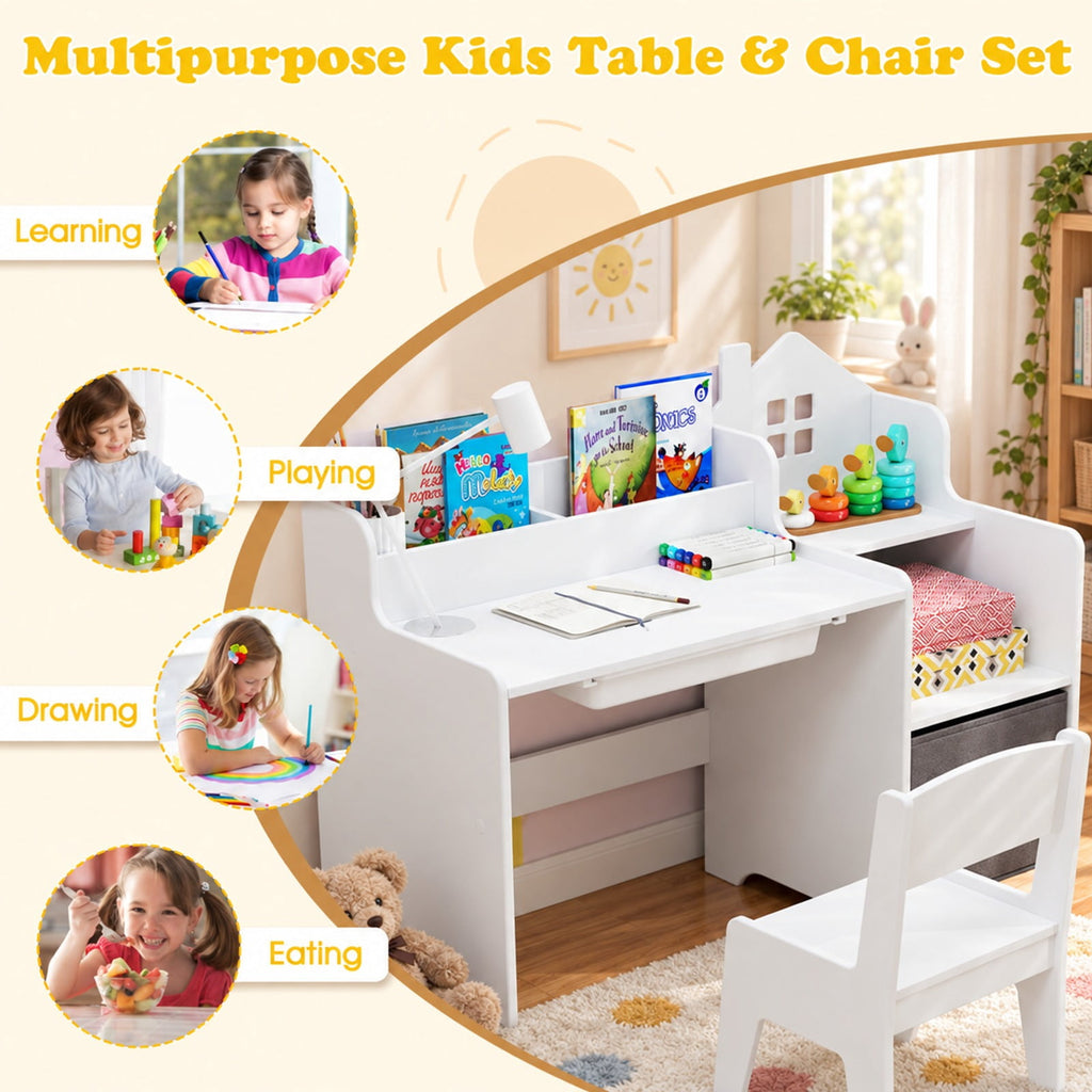 Airfind Kids Study Desk and Chair Set with Open Shelves Drawer and Fabric Storage Bin, 44 lbs Capacity, MDF Non-woven Fabric Desk Frame, White