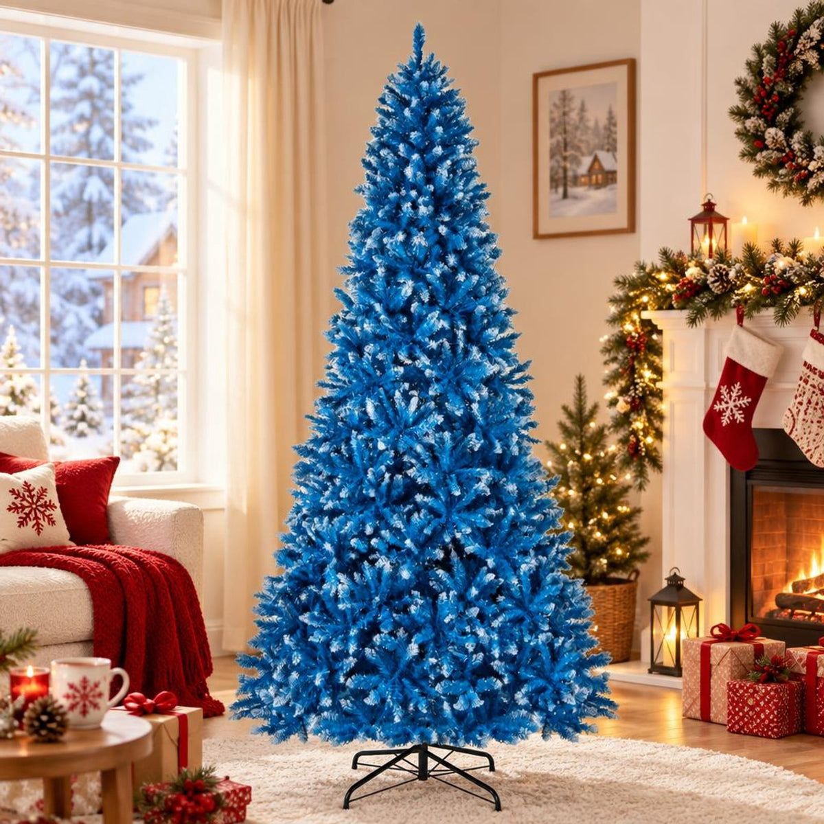 Airfind 6/7/8/9 FT Artificial Christmas Tree with 767 Snowy Branch Tips-9 FT, PVC Metal Frame, 3.1 x 6 ft Footprint, Blue