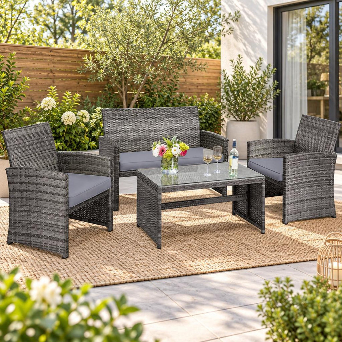 Airfind 4 Pieces Patio Rattan Furniture Set with Glass Table and Loveseat, PE Rattan Polyester Fiber Steel Sponge Single Sofa Frame, Gray