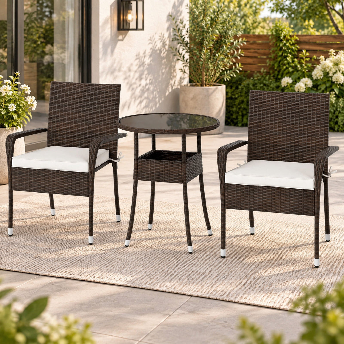 Airfind 3-Piece Patio Furniture Set PE Rattan Wicker Chairs with Tempered Glass Top Table, PE Rattan Metal Polyester Sponge Frame, White