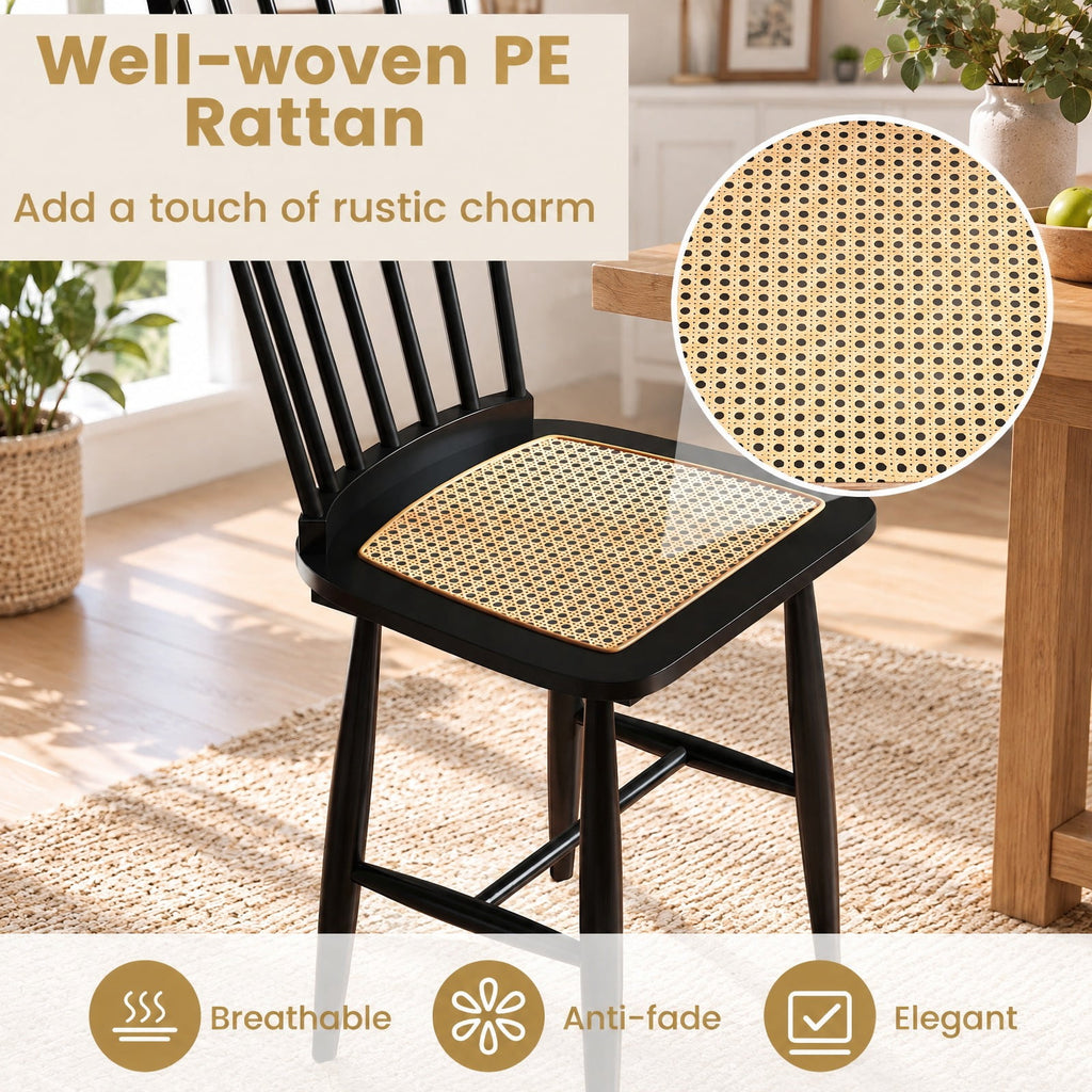 Airfind Farmhouse Solid Rubber Wood Dining Chairs Set of 2 with PE Rattan Seats, 420 lbs Capacity, Rubber Wood PE Rattan Frame, Black