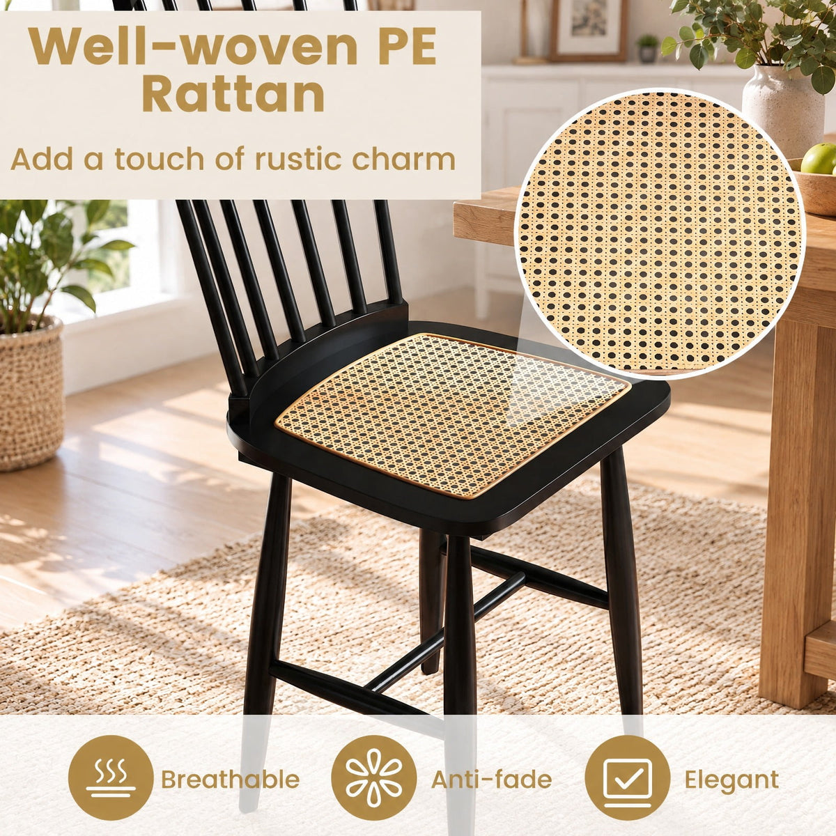 Airfind Farmhouse Solid Rubber Wood Dining Chairs Set of 2 with PE Rattan Seats, 420 lbs Capacity, Rubber Wood PE Rattan Frame, Black