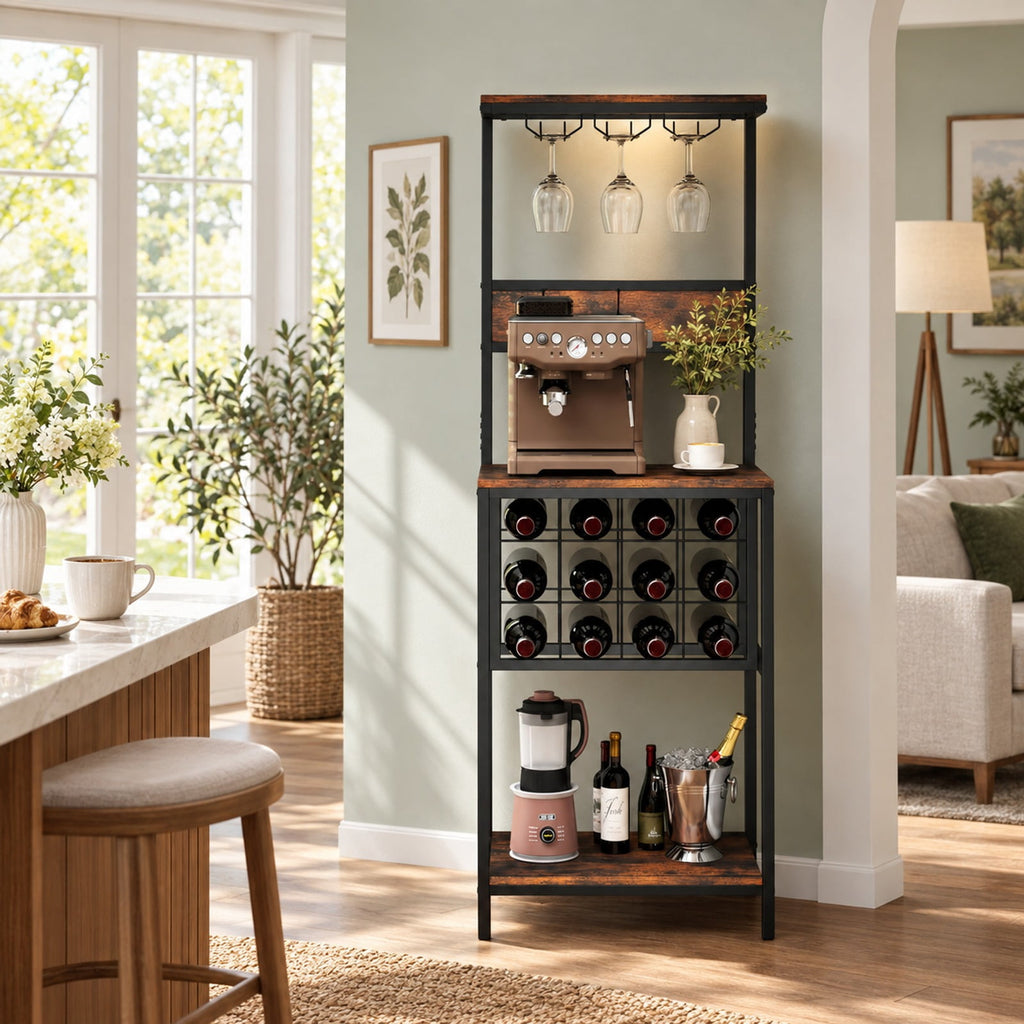 Airfind Freestanding Wine Rack Floor Wine Bar Cabinet with Glass Racks, 200 lbs Capacity, Engineered Wood Metal Frame, Brown