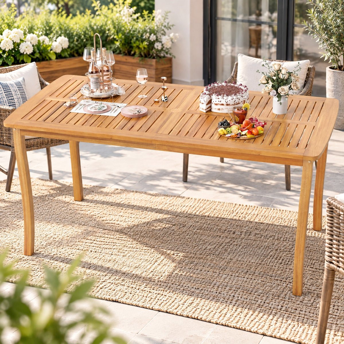 Airfind 63 inch Outdoor Dining Table with Umbrella Hole Farmhouse Bistro Dinette Furniture, 165 lbs Capacity, Acacia Wood Frame, Natural