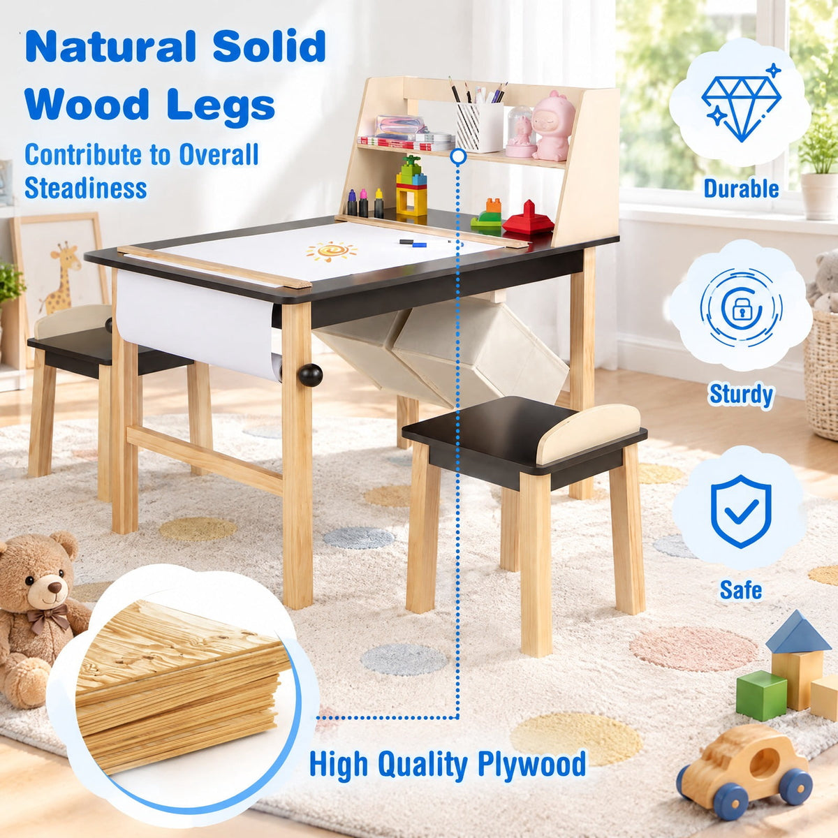 AIRFIND Kids Art Table and Two Chairs with Paper Roll, Raised Storage Shelf and Bins, Pine Wood Legs for Ages 3 and Up, Coffee and Natural