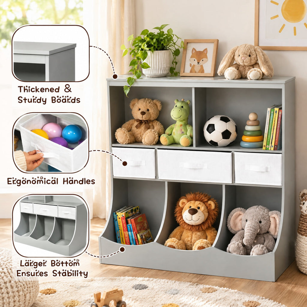 Airfind Freestanding Combo Cubby Bin Storage Organizer Unit W/3 Baskets, 66 lbs Capacity, 37 x 16 x 37 (L x W x H) Big drawer Footprint, Gray