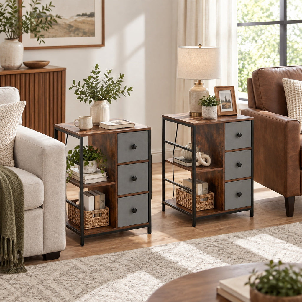 Airfind Side Table with Charging Station Industrial Nightstand with Open Shelves, 18 x 16 x 25Inner Footprint, Brown