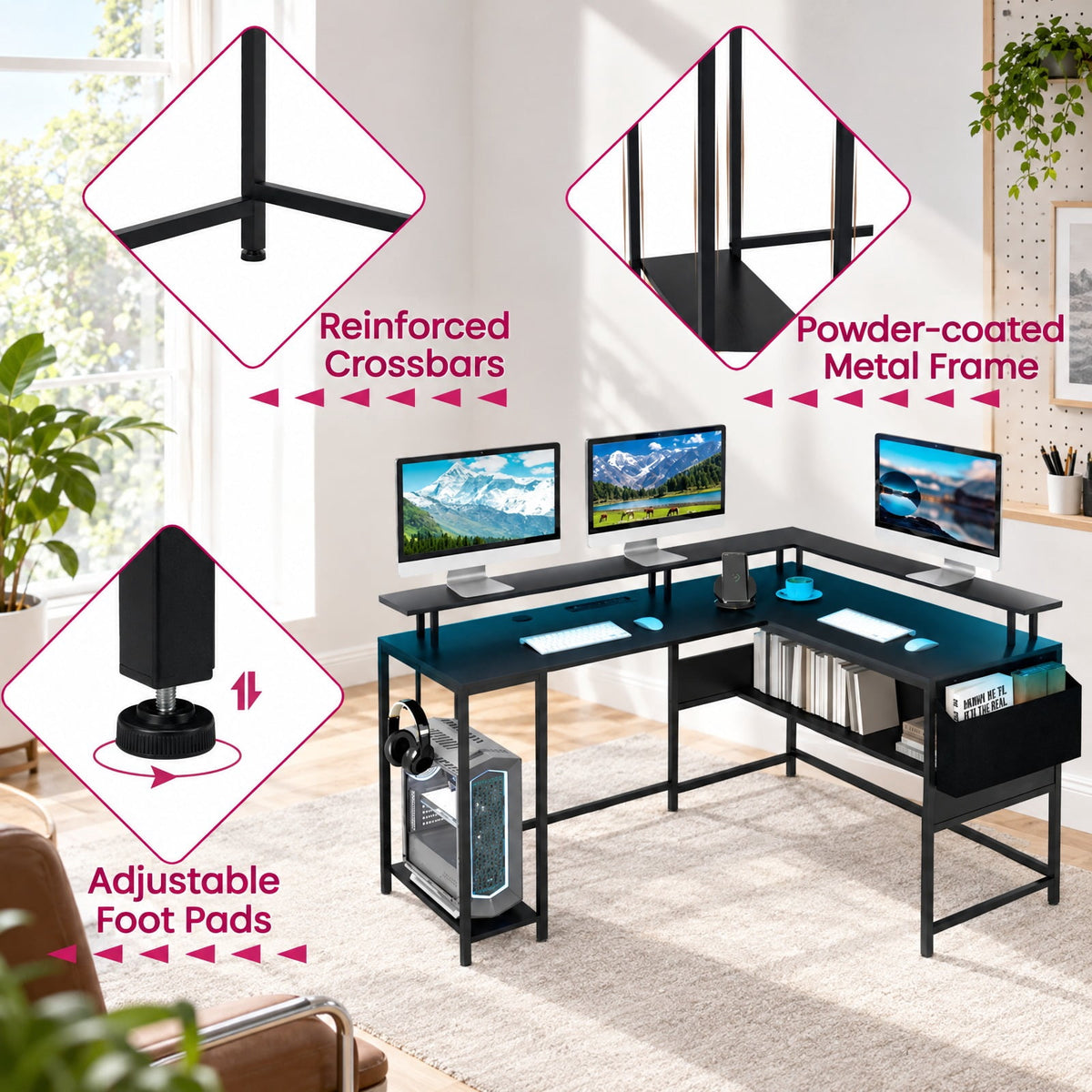 Airfind L-Shaped Gaming Desk with LED Lights and Power Outlets Home Office Computer Desk, 200 lbs Capacity, Engineered Wood Metal Frame, Black