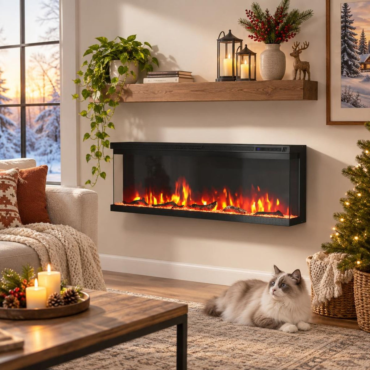 Airfind 36/40/50/60 Inch Wide 3-Sided Electric Fireplace Insert with Remote Control and 12 Flame Colors-50 Inch, Metal Tempered Glass Frame, Black