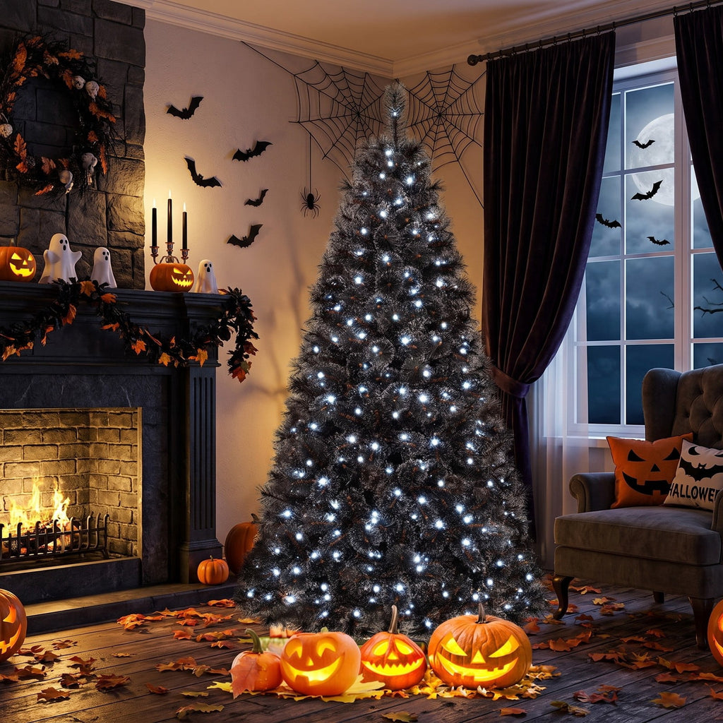 Airfind 6/7/8 Feet Black Artificial Halloween Christmas Tree with PVC Branch Tips and 210/320/450 Cool White LED Lights, Black
